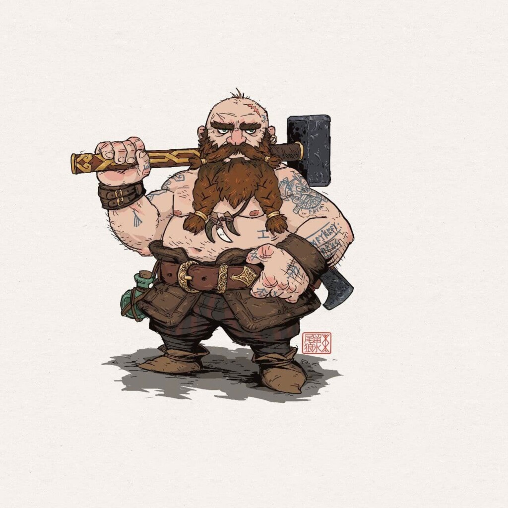 Illustrazione che raffigura il nano Dwalin con un martello sulle spalle