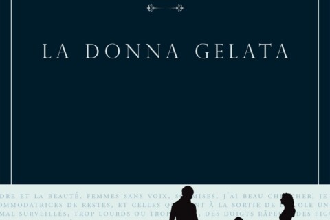 Uno stralcio della copertina de La donna gelata, che inquadra titolo e profili delle figure nere in copertina